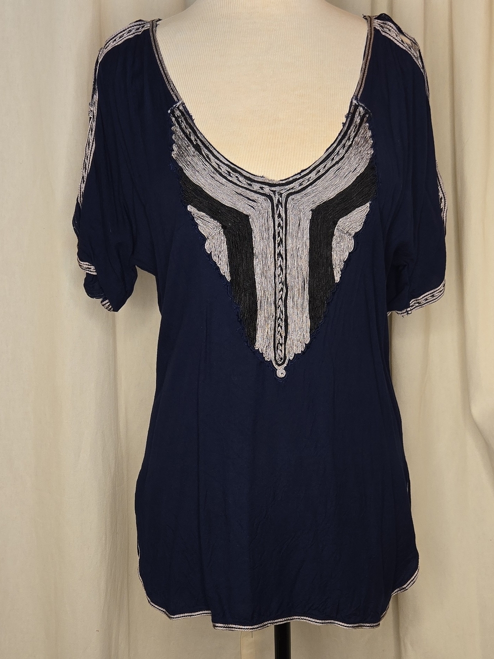 Free People Navy Tunic with Black and Light Gray Embroidery